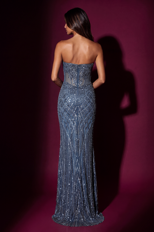 Strapless sequin formal gown in Periwinkle, back view