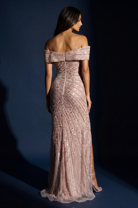 Formal Fully Beaded Sequined Fitted Evening Gown