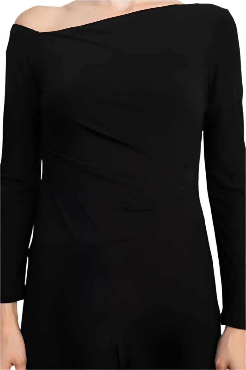 Taylor One-Shoulder Long Sleeve Zipper Back Solid Stretch Crepe Jumpsuit - BLACK - FABRIC
