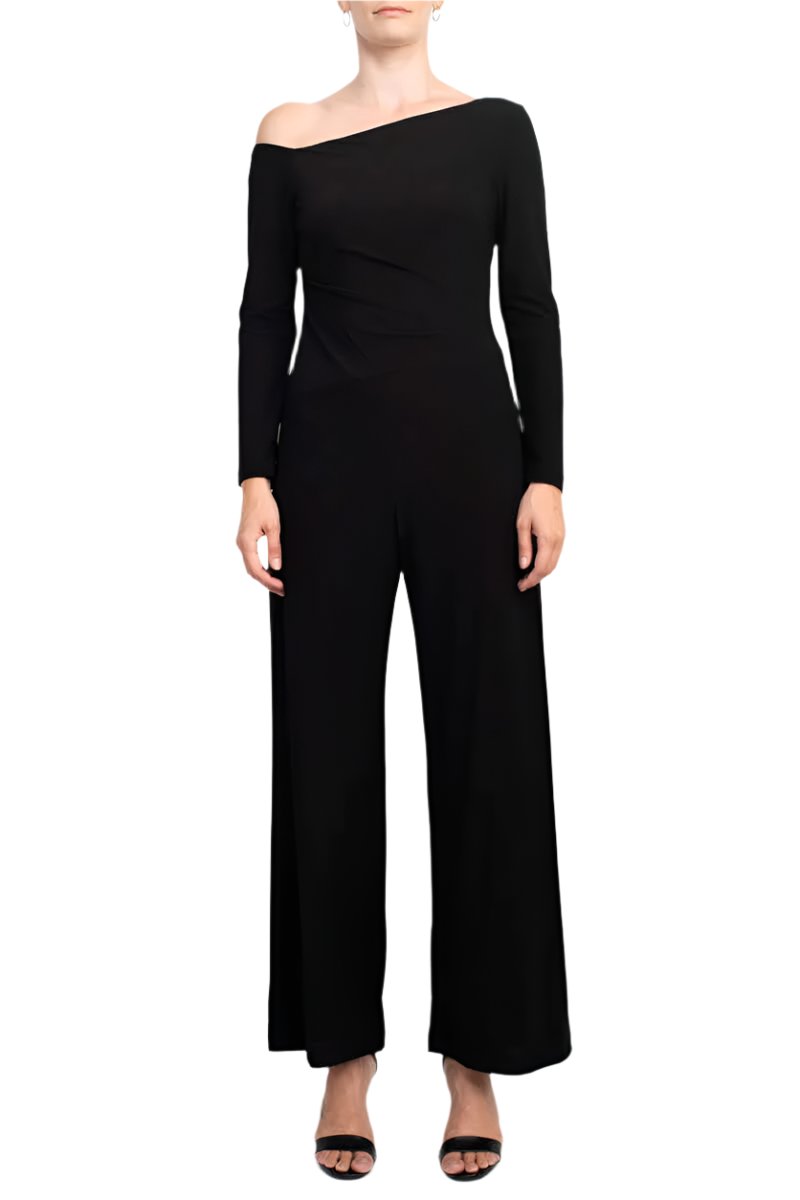 Taylor One-Shoulder Long Sleeve Zipper Back Solid Stretch Crepe Jumpsuit - BLACK - FRONT