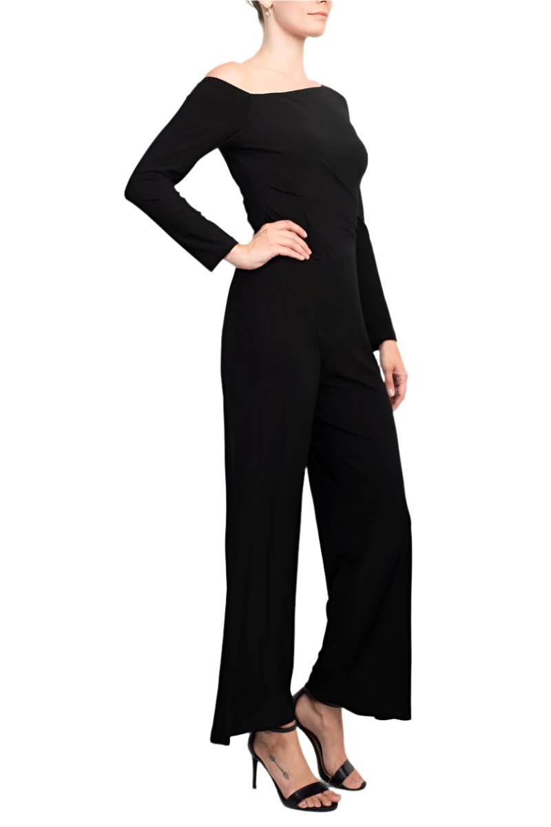 Taylor One-Shoulder Long Sleeve Zipper Back Solid Stretch Crepe Jumpsuit - BLACK - SIDE