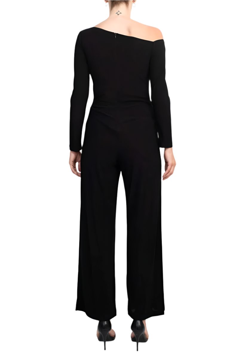 Taylor One-Shoulder Long Sleeve Zipper Back Solid Stretch Crepe Jumpsuit - BLACK - BACK
