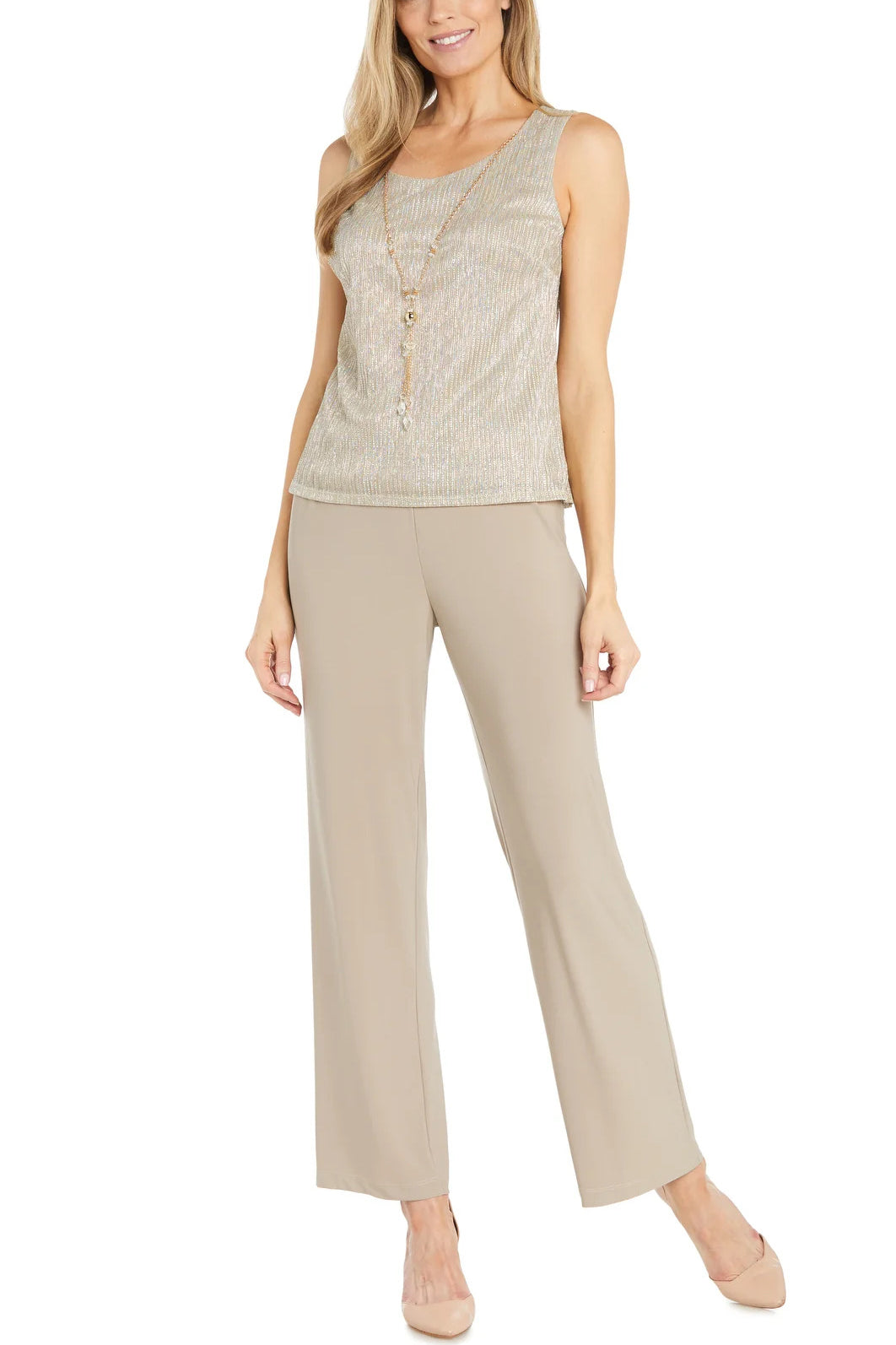 R&M Richards Scoop Neck Sleeveless Top 3/4 Sleeve Jacket Relaxed Straight Trousers Pantsuit with Necklace (Plus Size)
