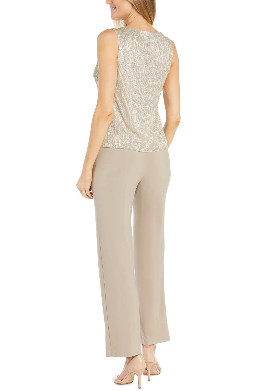 R&M Richards Scoop Neck Sleeveless Top 3/4 Sleeve Jacket Relaxed Straight Trousers Pantsuit with Necklace (Plus Size)