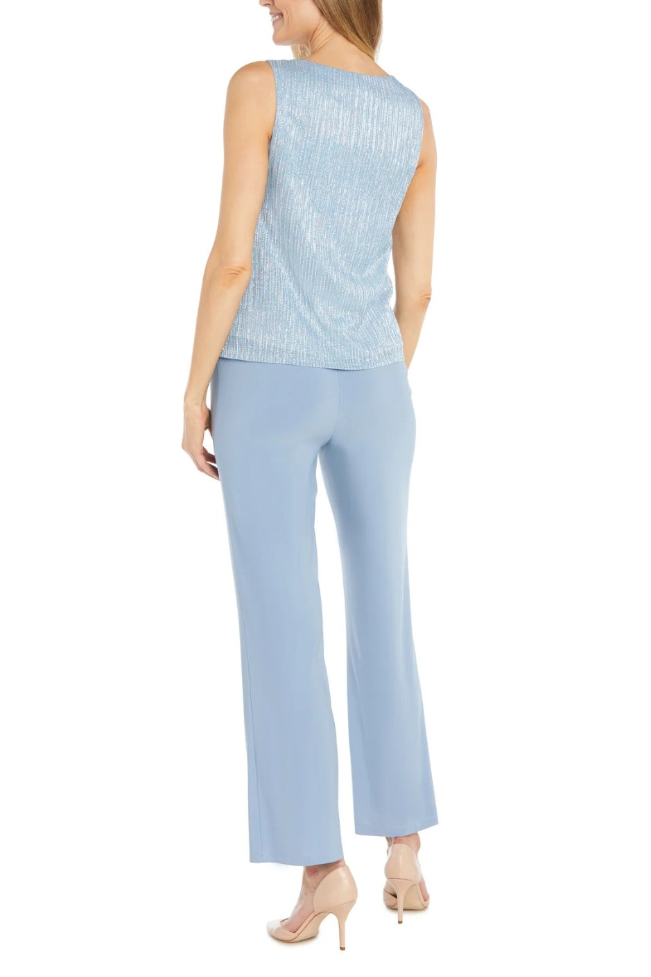 R&M Richards Scoop Neck Sleeveless Top 3/4 Sleeve Jacket Relaxed Straight Trousers Pantsuit with Necklace (Plus Size)