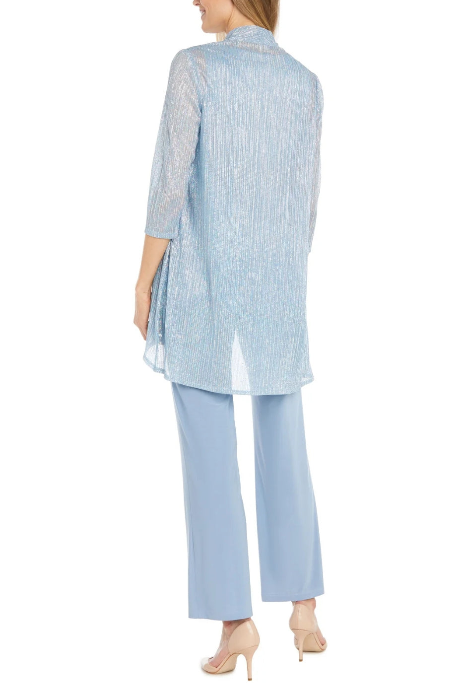R&M Richards Scoop Neck Sleeveless Top 3/4 Sleeve Jacket Relaxed Straight Trousers Pantsuit with Necklace (Plus Size) - BLUE - Back