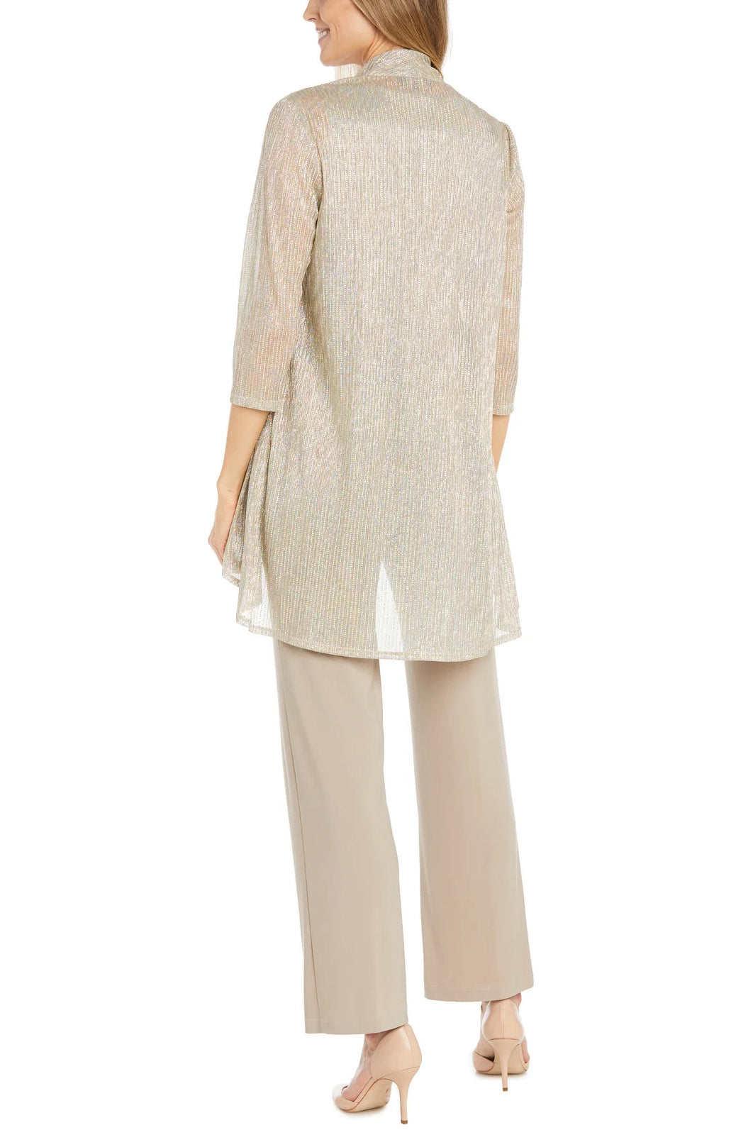 R&M Richards Scoop Neck Sleeveless Top 3/4 Sleeve Jacket Relaxed Straight Trousers Pantsuit with Necklace (Plus Size) - CHAMPAGNE - Back