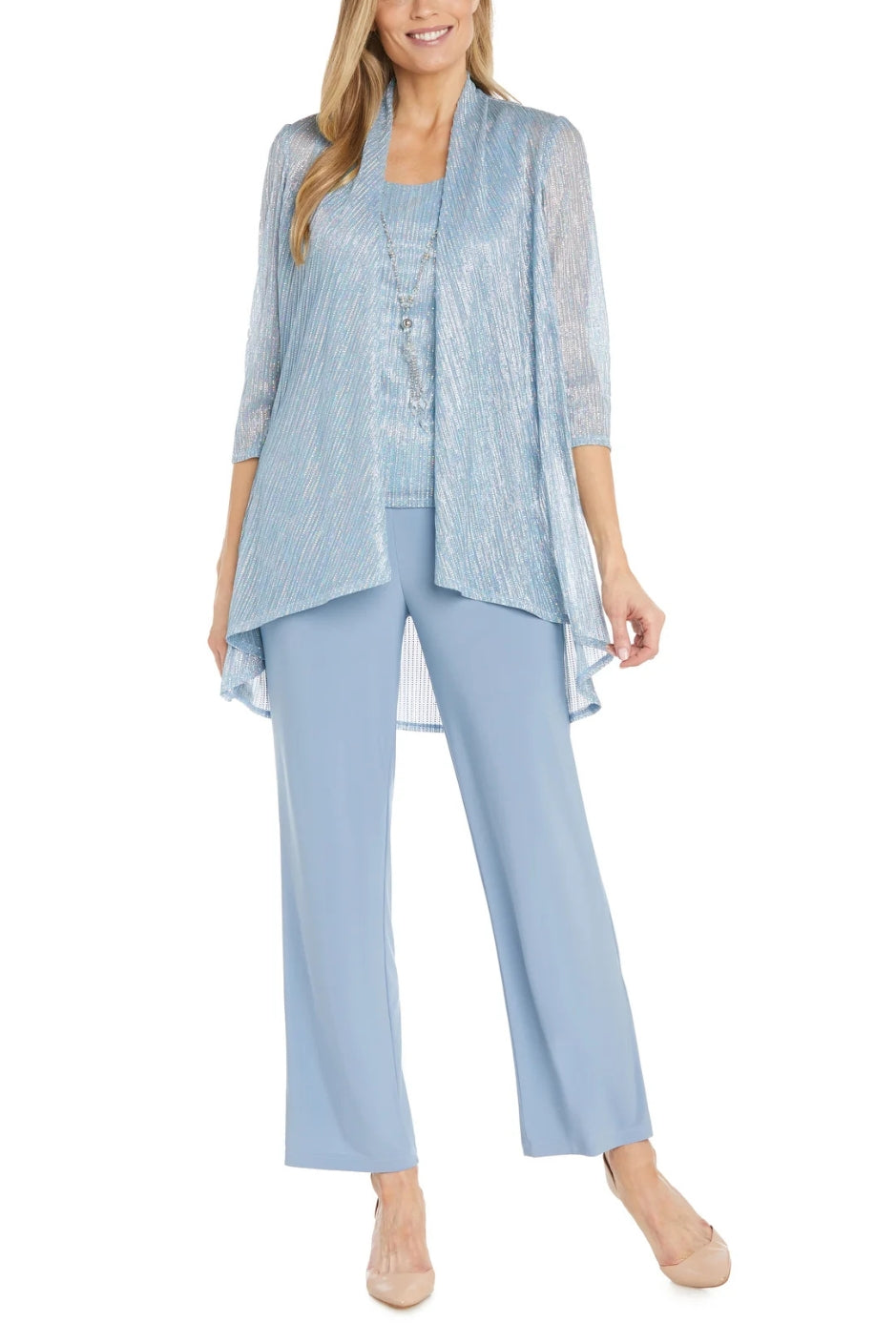 R&M Richards Scoop Neck Sleeveless Top 3/4 Sleeve Jacket Relaxed Straight Trousers Pantsuit with Necklace (Plus Size) - BLUE - Front