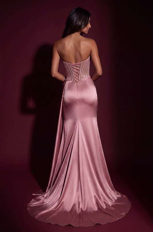 Long Strapless Corset Beaded Satin Prom Dress