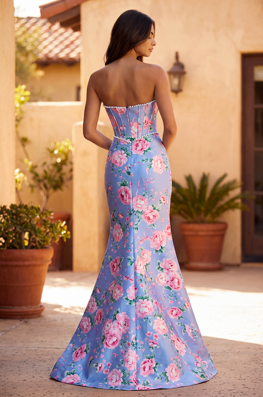Formal Floral Satin Corset Prom Dress