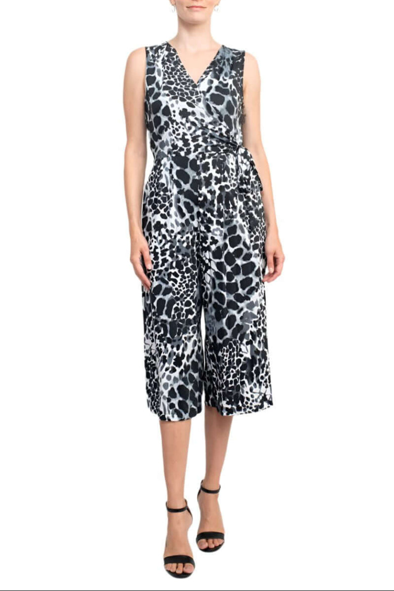 Emma & Michele V-Neck Sleeveless Tie Side Multi Print Pockets ITY Jumpsuit - BLACK WHITE - Front