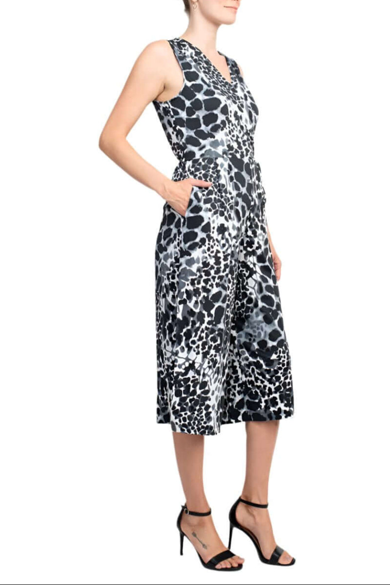 Emma & Michele V-Neck Sleeveless Tie Side Multi Print Pockets ITY Jumpsuit - BLACK WHITE - Side