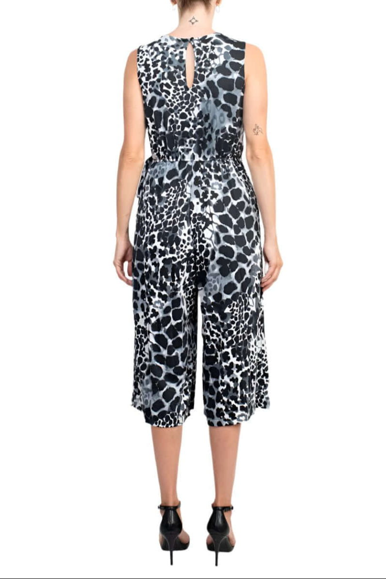 Emma & Michele V-Neck Sleeveless Tie Side Multi Print Pockets ITY Jumpsuit - BLACK WHITE - Back
