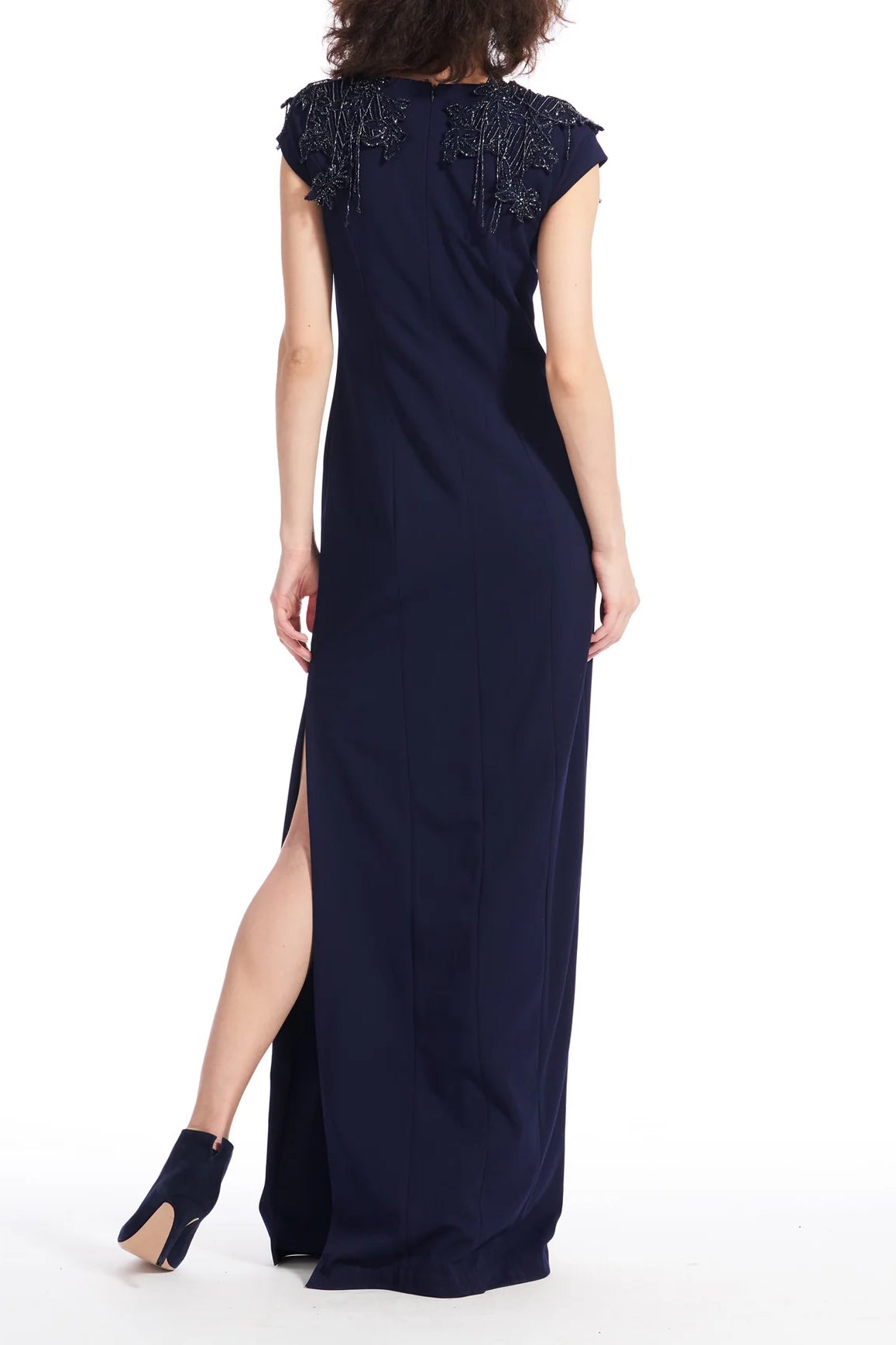 Emily Shalant Crew Neck Short Beaded Fringed Sleeves Back Zipper Side Open Slit Gown - NAVY - back