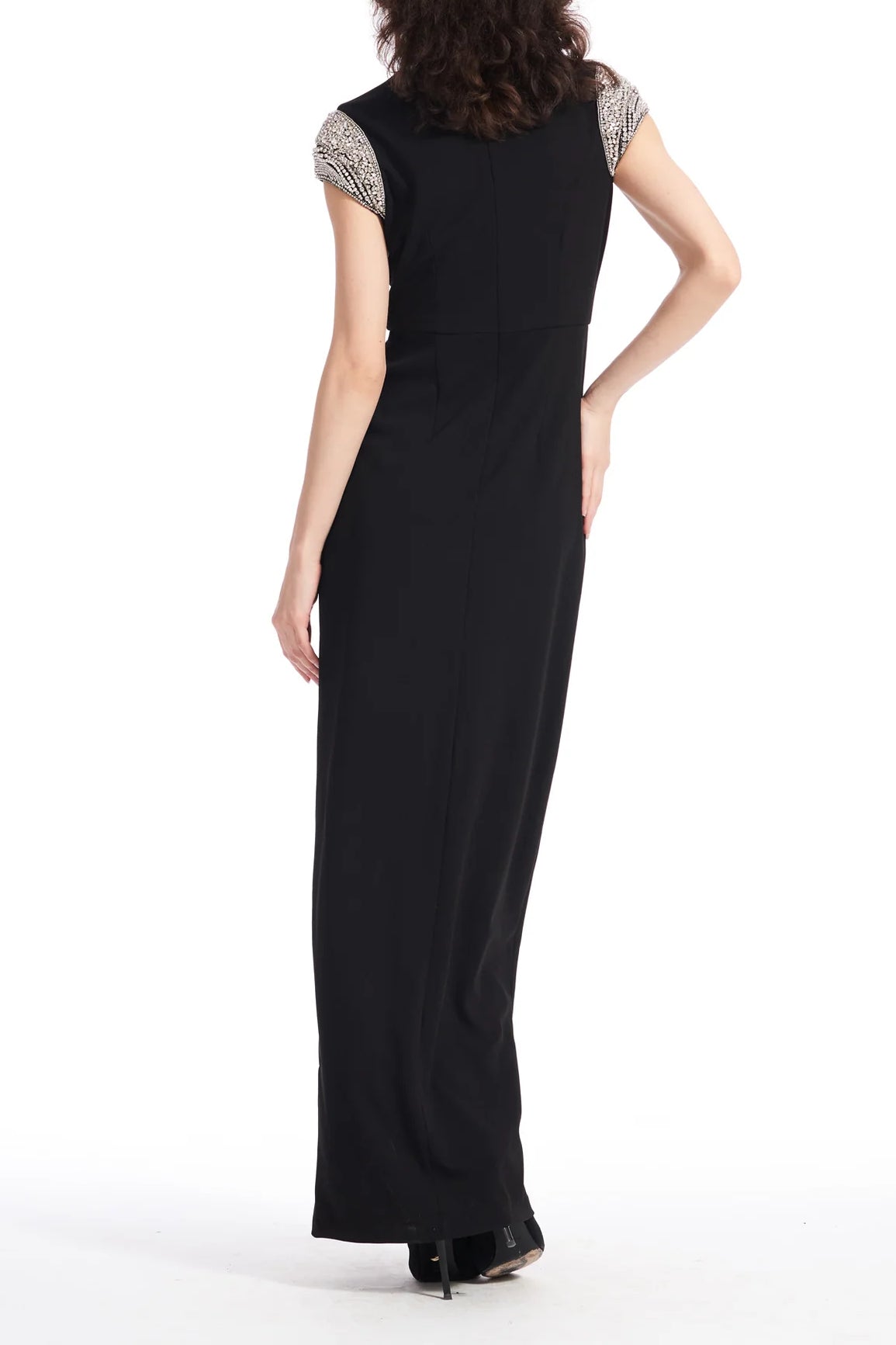 Emily Shalant Crew Neck Short Crystal Cap Sleeves Back Zipper Long Dress - BLACK - BACK