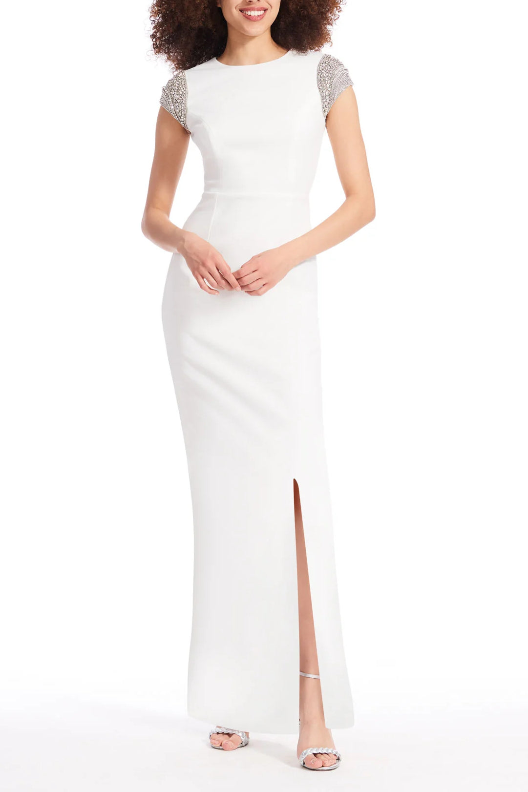 Emily Shalant Crew Neck Short Crystal Cap Sleeves Back Zipper Long Dress - IVORY - FRONT