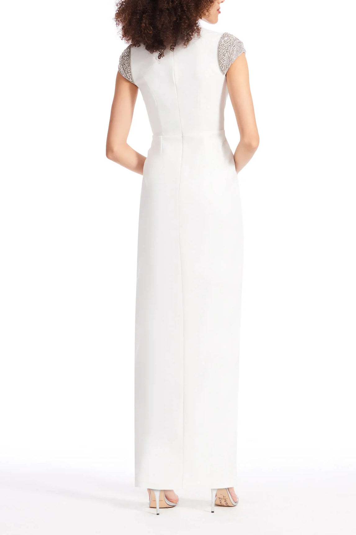 Emily Shalant Crew Neck Short Crystal Cap Sleeves Back Zipper Long Dress - IVORY - BACK