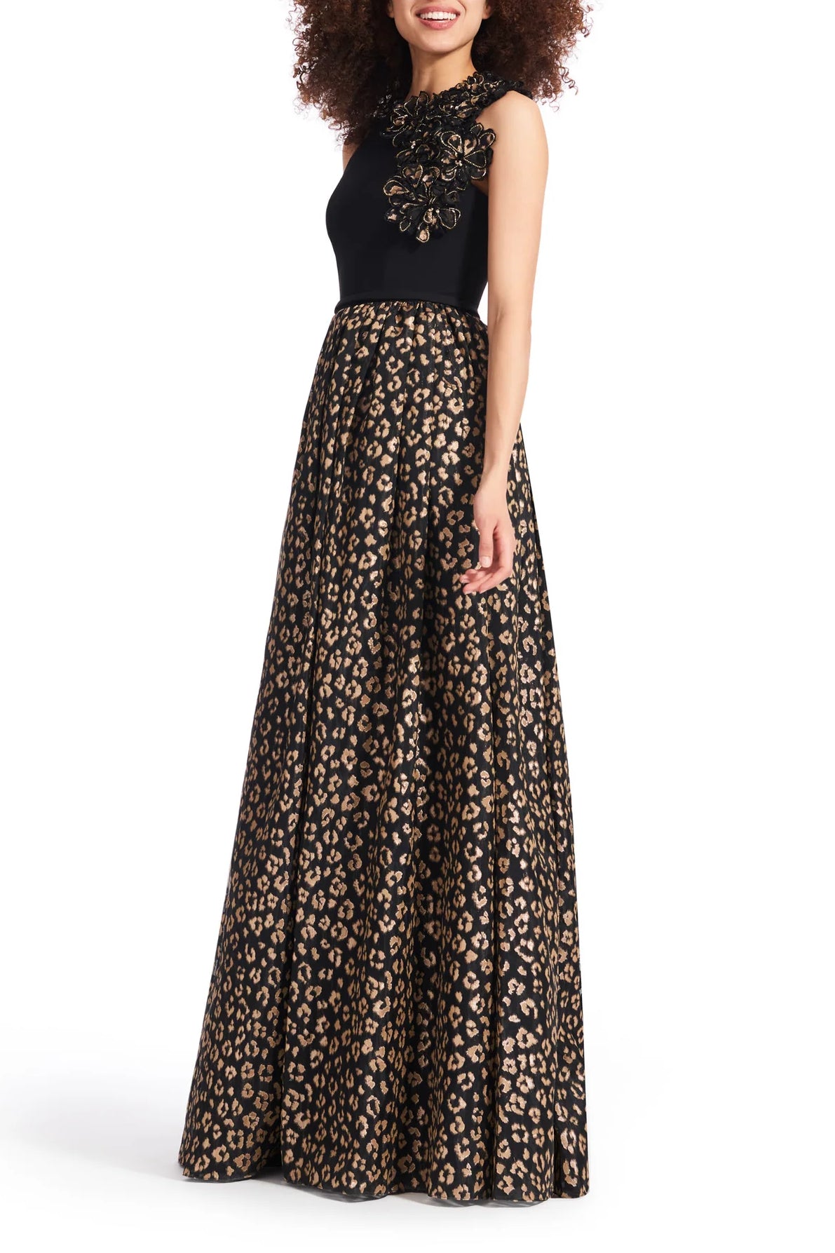 Emily Shalant Crew Neck Sleeveless Floral 3D Detail Back Zipper Long Jacquard Gown - BLACK GOLD - side
