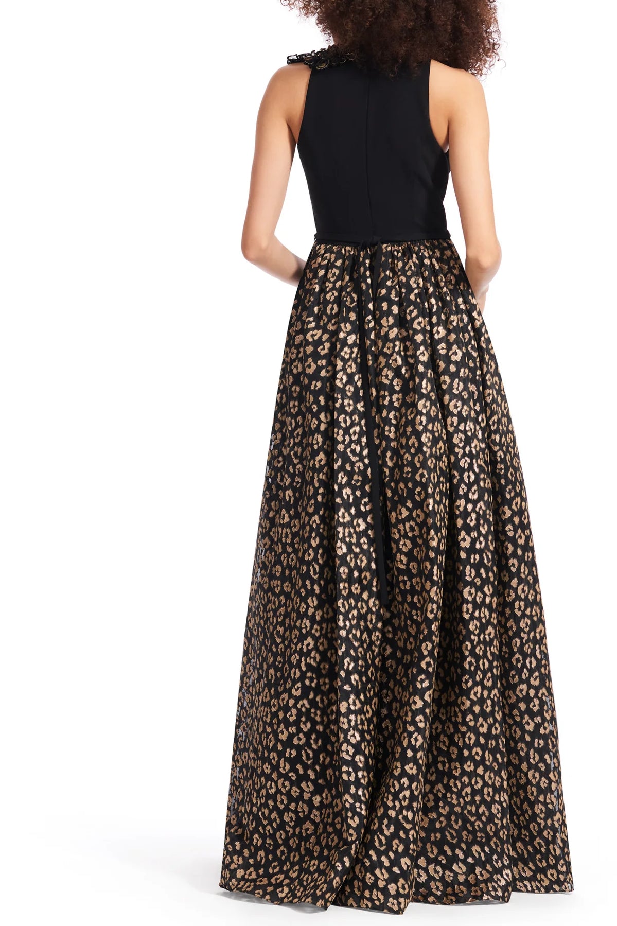 Emily Shalant Crew Neck Sleeveless Floral 3D Detail Back Zipper Long Jacquard Gown - BLACK GOLD - back