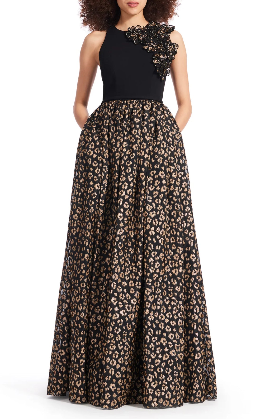 Emily Shalant Crew Neck Sleeveless Floral 3D Detail Back Zipper Long Jacquard Gown - BLACK GOLD - front
