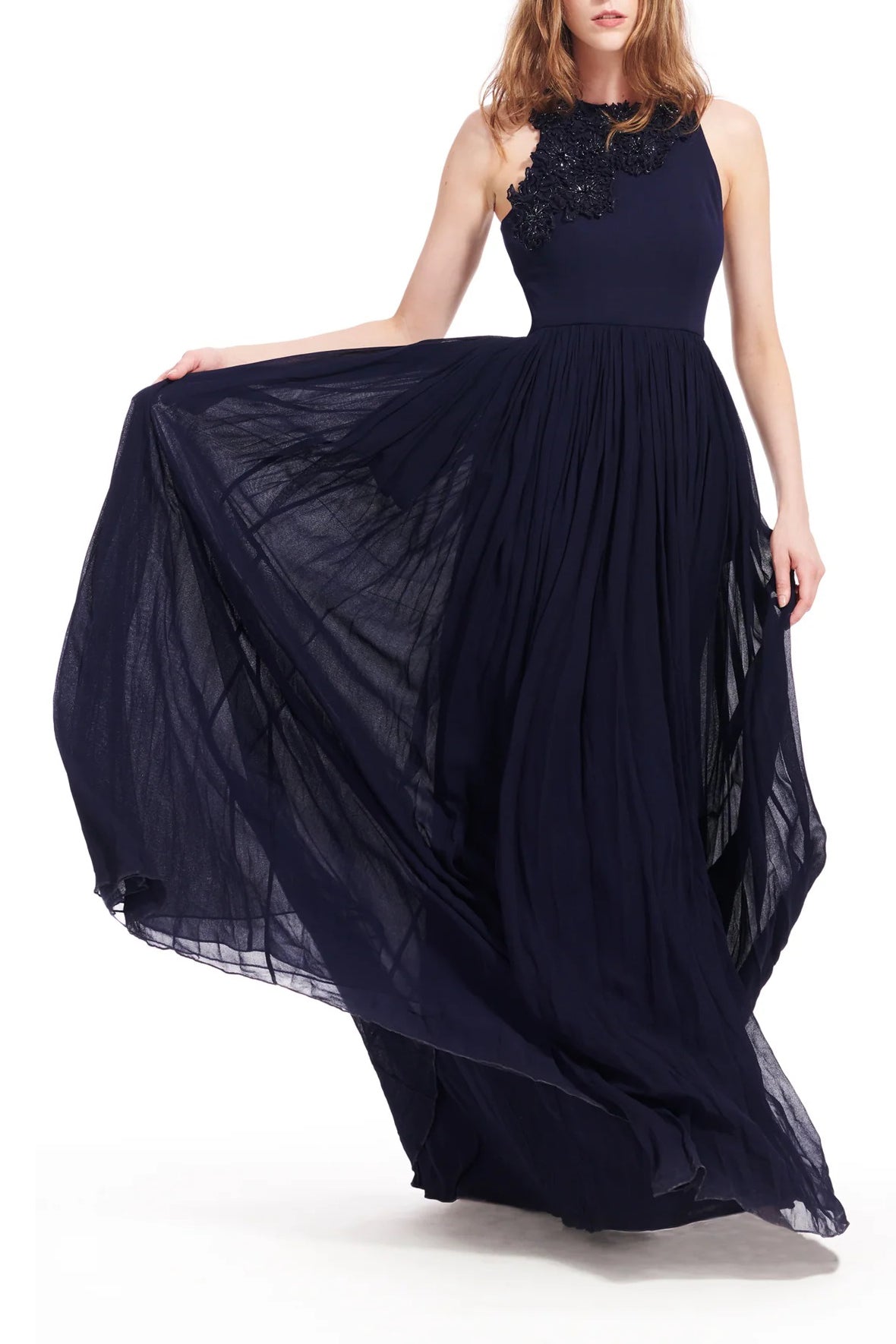 Emily Shalant Crew Neck Sleeveless Floral 3D Detail Back Zipper Long Jacquard Gown - NAVY - front