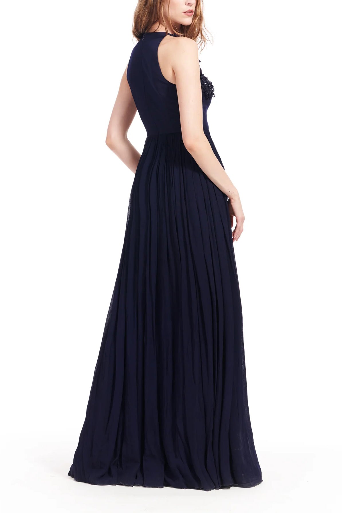 Emily Shalant Crew Neck Sleeveless Floral 3D Detail Back Zipper Long Jacquard Gown - NAVY - side