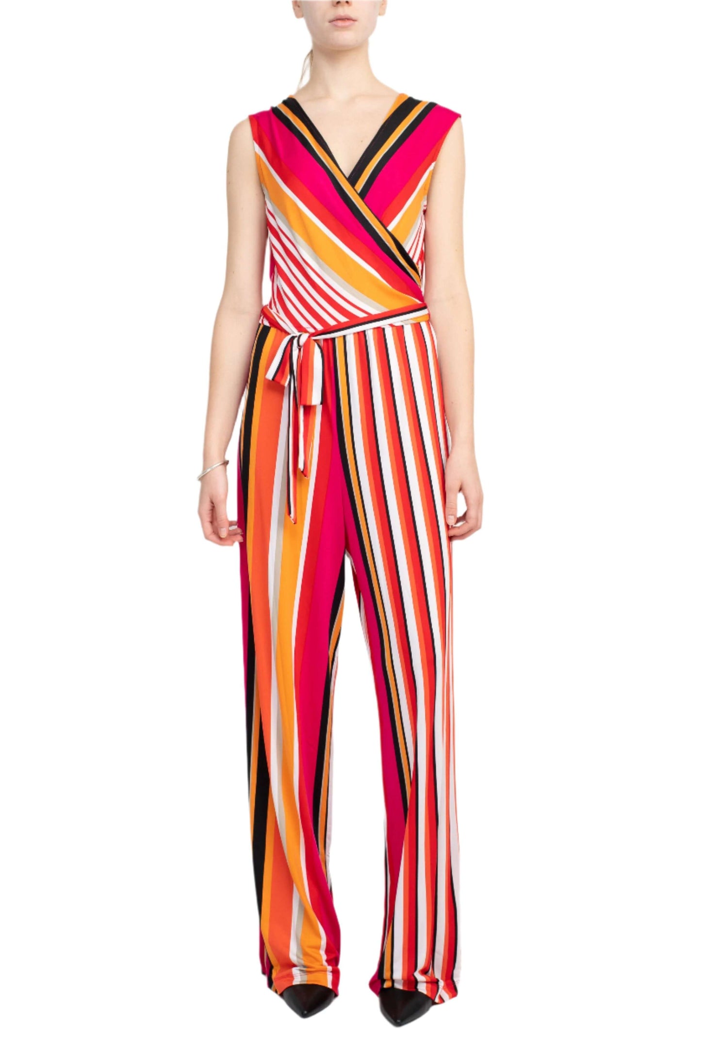 Emma & Michele V-Neck Mock Wrap Top Tie Waist Tripe Print ITY Jumpsuit - BLACK RED - front