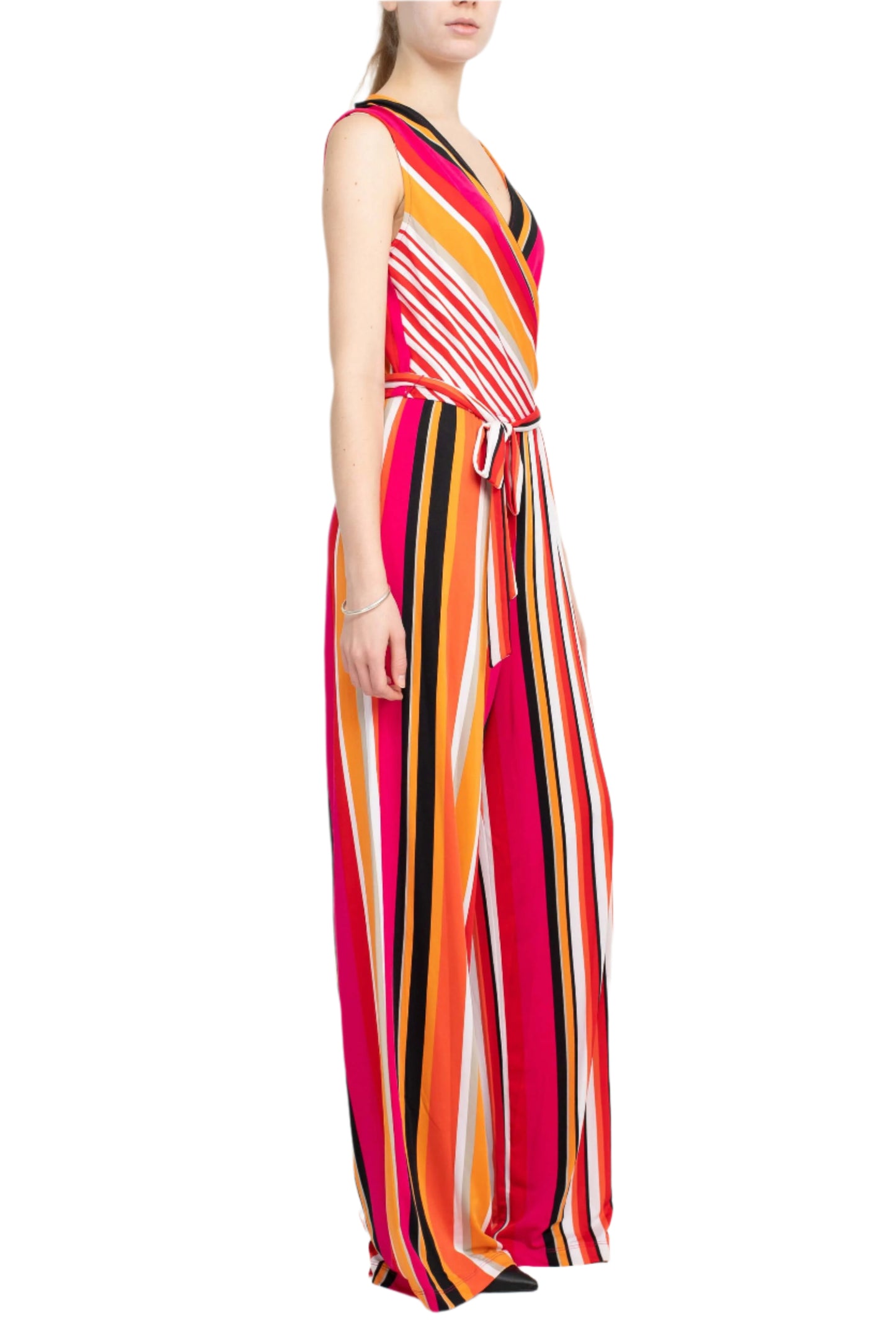 Emma & Michele V-Neck Mock Wrap Top Tie Waist Tripe Print ITY Jumpsuit - BLACK RED - side