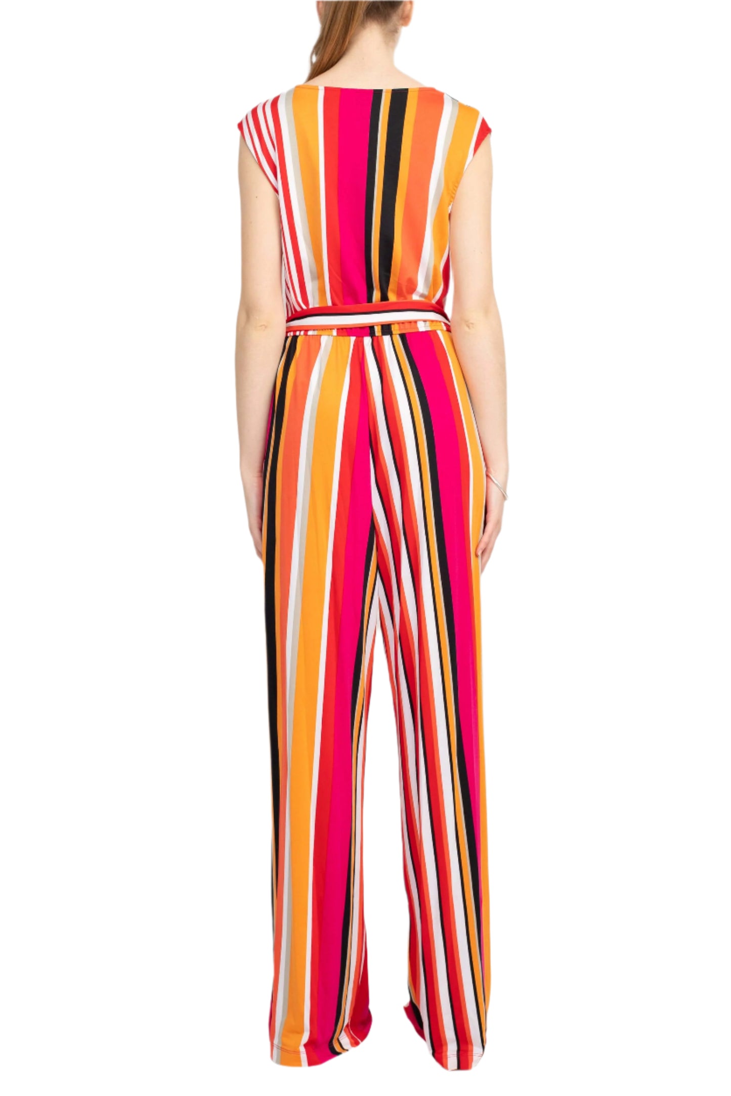 Emma & Michele V-Neck Mock Wrap Top Tie Waist Tripe Print ITY Jumpsuit - BLACK RED - back