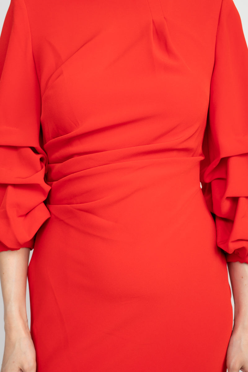Alberto Makali Crew Neck Ruched 3/4 Sleeve Scoop Back Zipper Back Solid Crepe Dress - RED - fabric