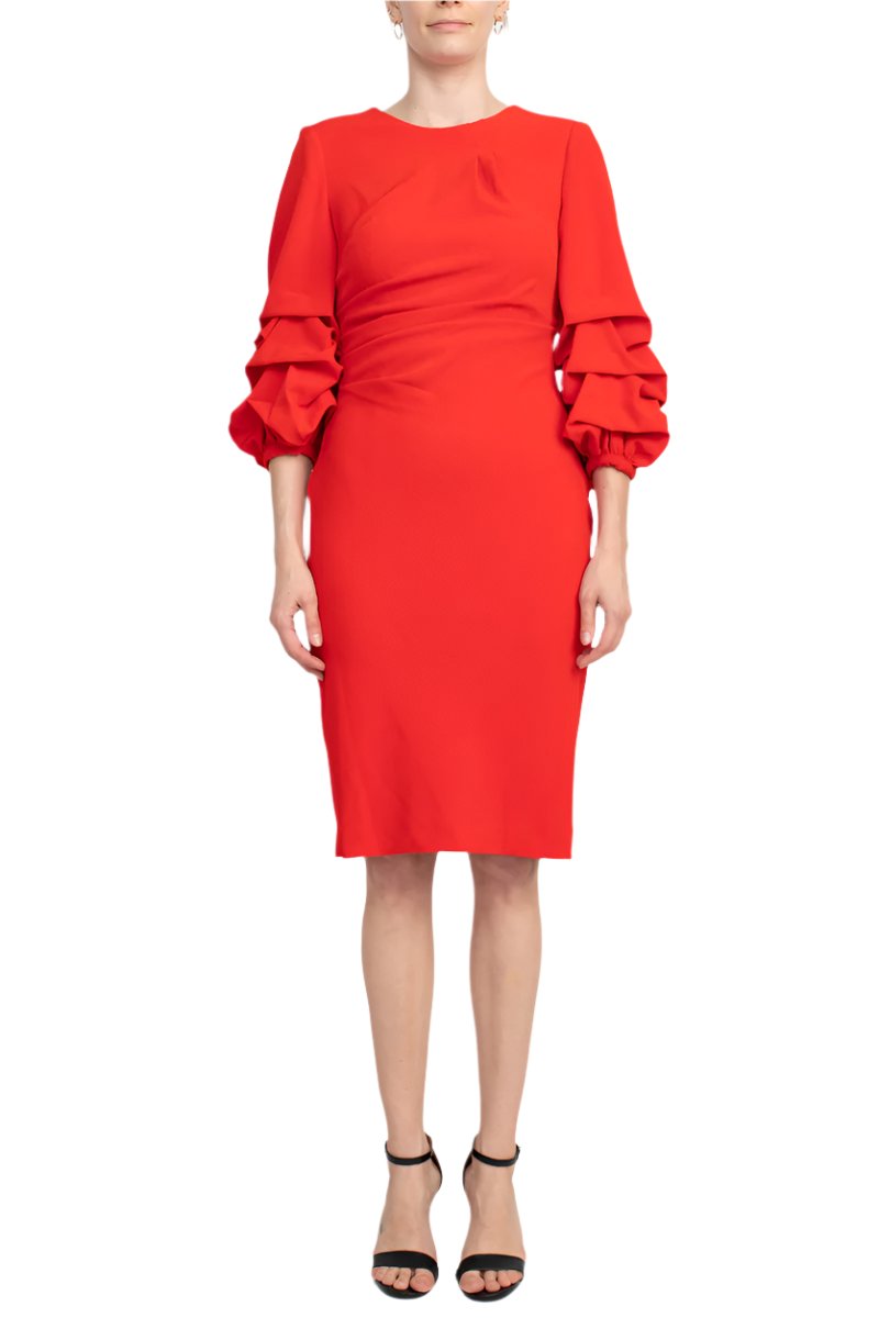 Alberto Makali Crew Neck Ruched 3/4 Sleeve Scoop Back Zipper Back Solid Crepe Dress - RED - FRONT