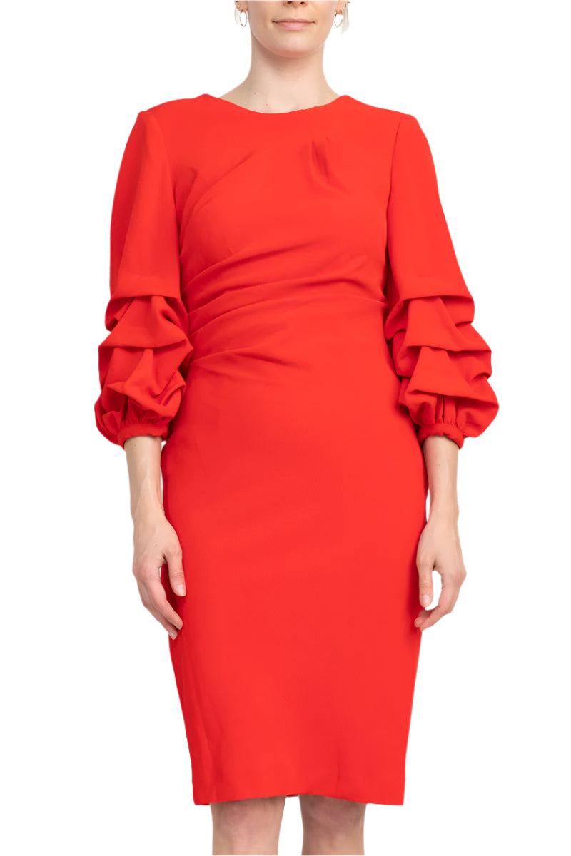 Alberto Makali Crew Neck Ruched 3/4 Sleeve Scoop Back Zipper Back Solid Crepe Dress - RED - FRONT VIEW