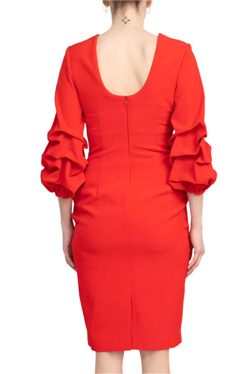 Alberto Makali Crew Neck Ruched 3/4 Sleeve Scoop Back Zipper Back Solid Crepe Dress - RED - back