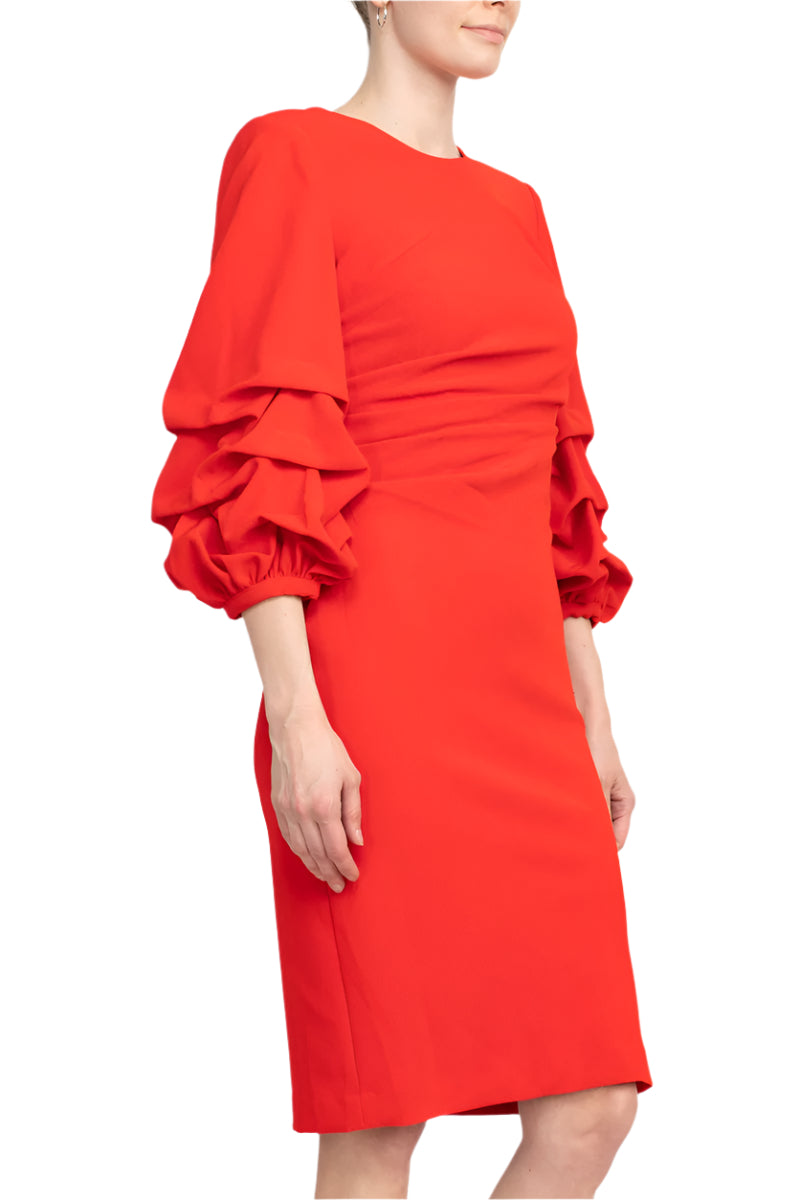 Alberto Makali Crew Neck Ruched 3/4 Sleeve Scoop Back Zipper Back Solid Crepe Dress - RED - SIDE