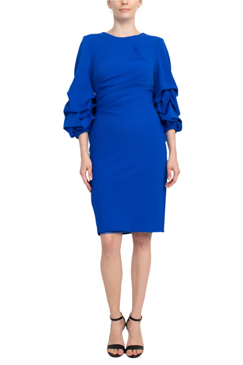 Alberto Makali Crew Neck Ruched 3/4 Sleeve Scoop Back Zipper Back Solid Crepe Dress - ROYAL - FRONT