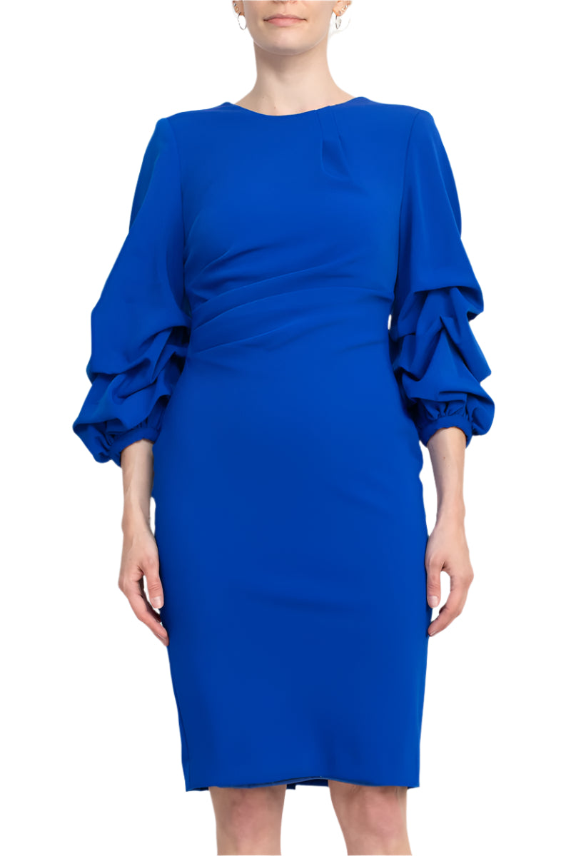 Alberto Makali Crew Neck Ruched 3/4 Sleeve Scoop Back Zipper Back Solid Crepe Dress - ROYAL - FRONT VIEW