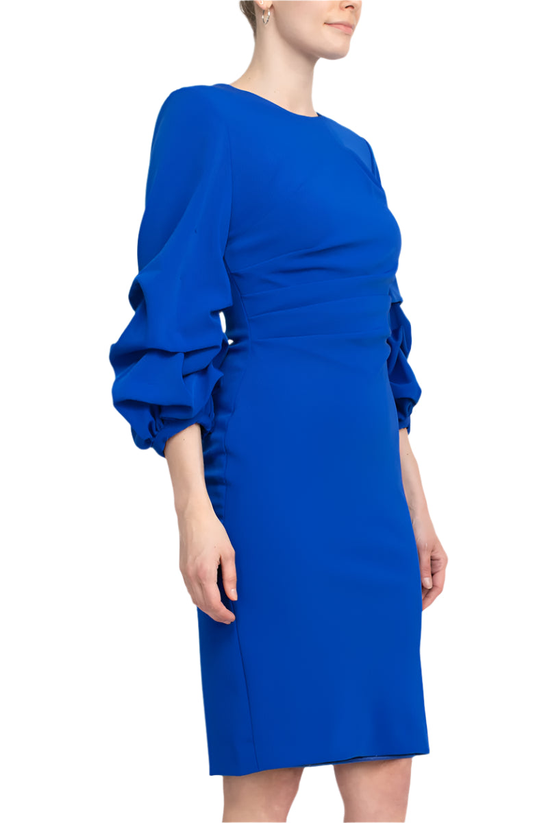 Alberto Makali Crew Neck Ruched 3/4 Sleeve Scoop Back Zipper Back Solid Crepe Dress - ROYAL - SIDE