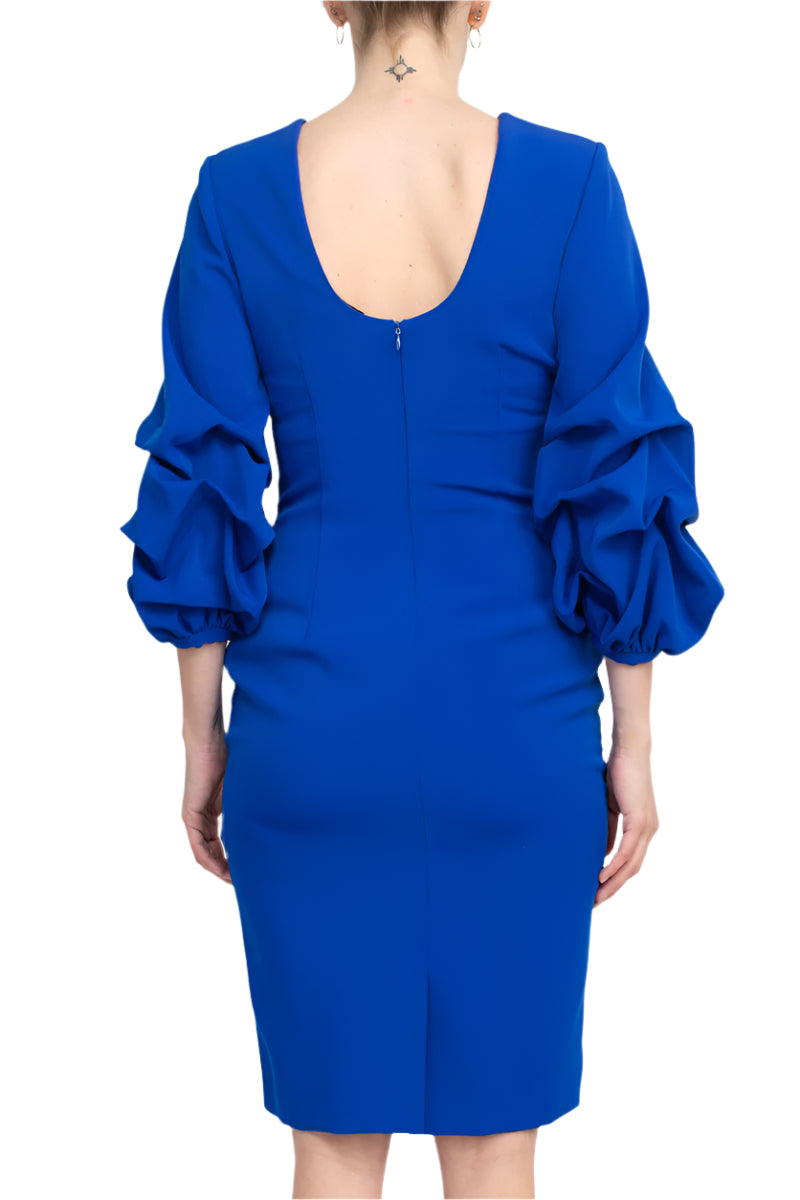 Alberto Makali Crew Neck Ruched 3/4 Sleeve Scoop Back Zipper Back Solid Crepe Dress - ROYAL - BACK
