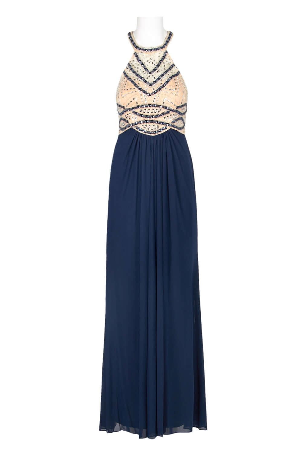 Decode Halter Neck Embellished Bodice Racer Back Ruched Jersey Mesh Gown - NAVY NUDE - Front