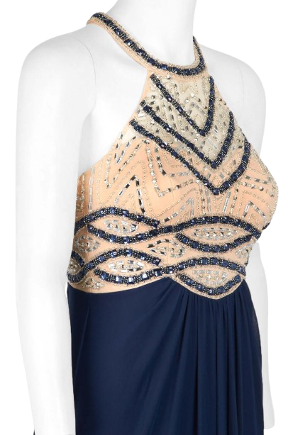 Decode Halter Neck Embellished Bodice Racer Back Ruched Jersey Mesh Gown - NAVY NUDE - Side