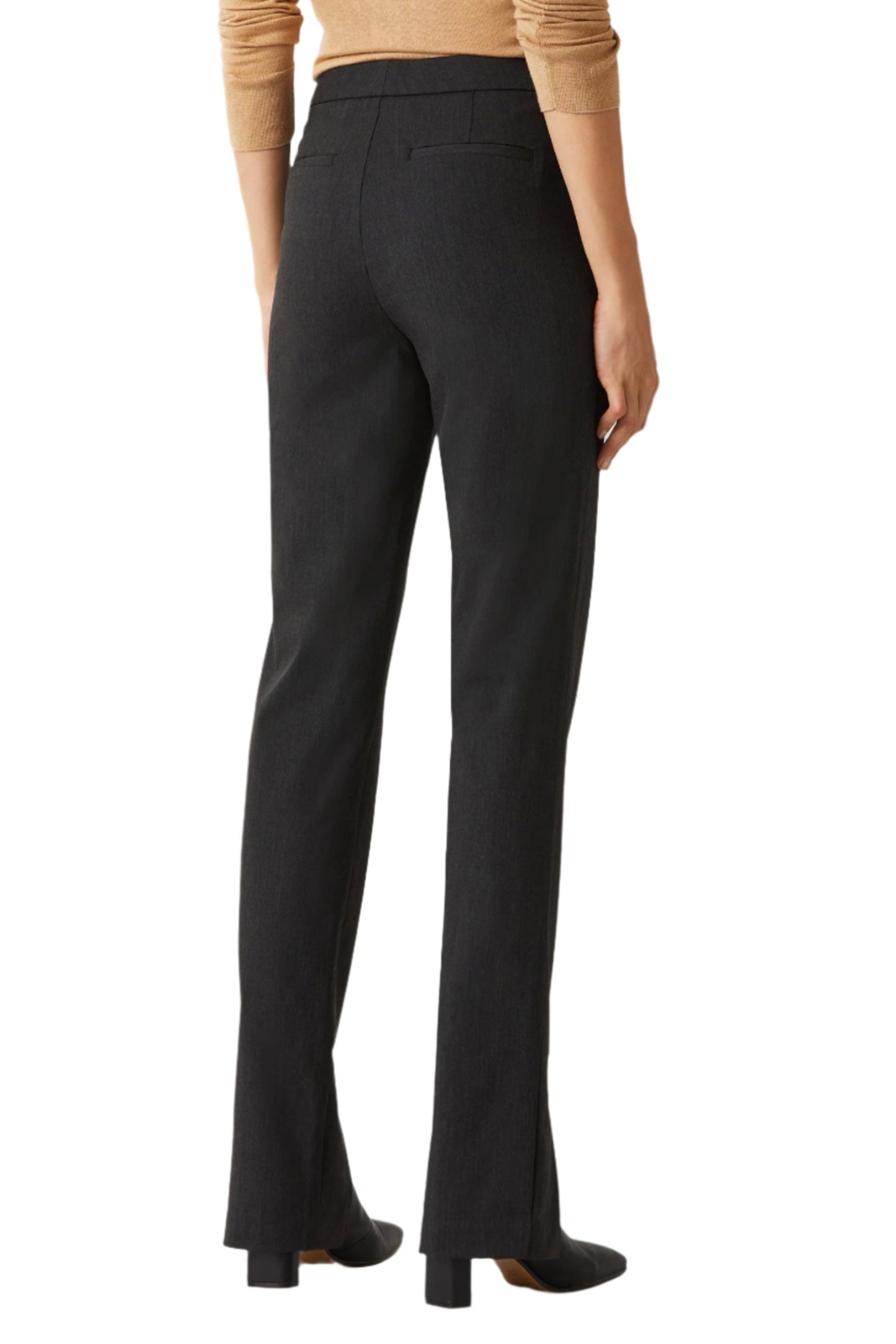 Ecru Designs Banded Waist Button Hook Zipper Closure Slit Front Hem Stretch Crepe Pant - CHARCOAL - Back