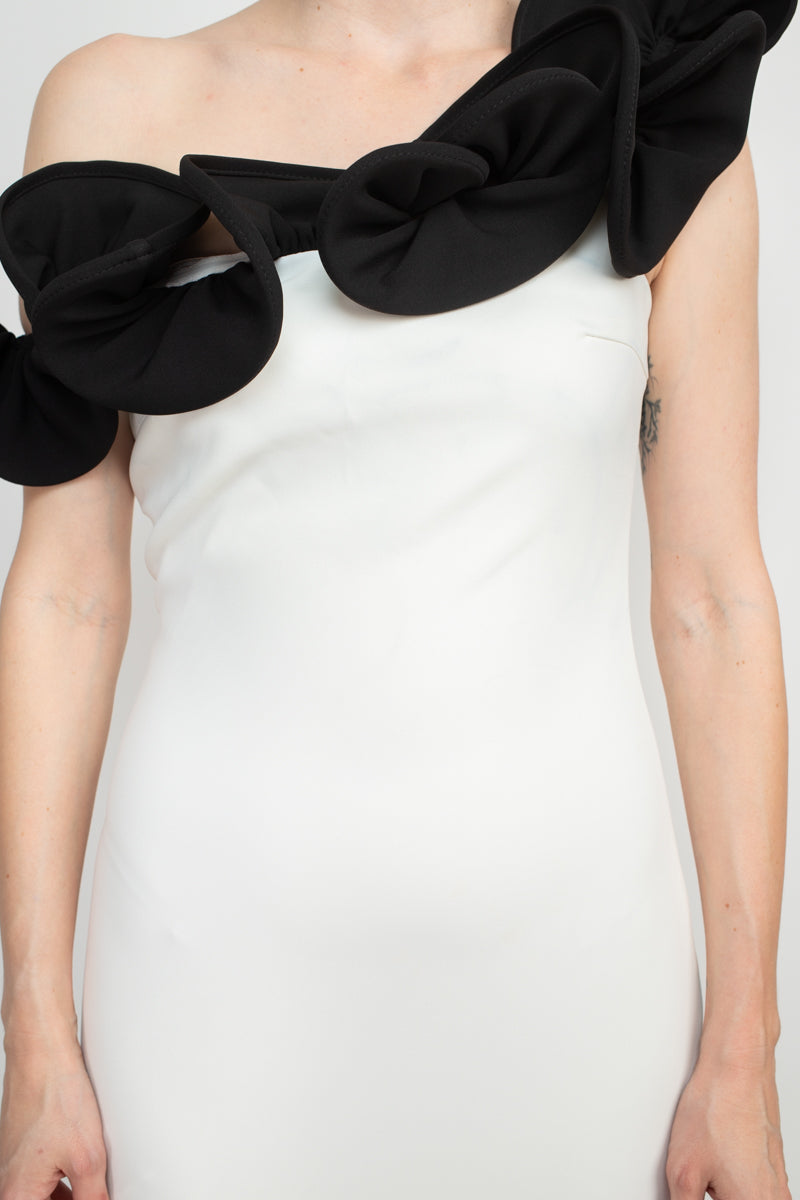 Alberto Makali One Shoulder Sleeveless Floral Shoulder Solid Scuba Gown - WHITE BLACK - fabric
