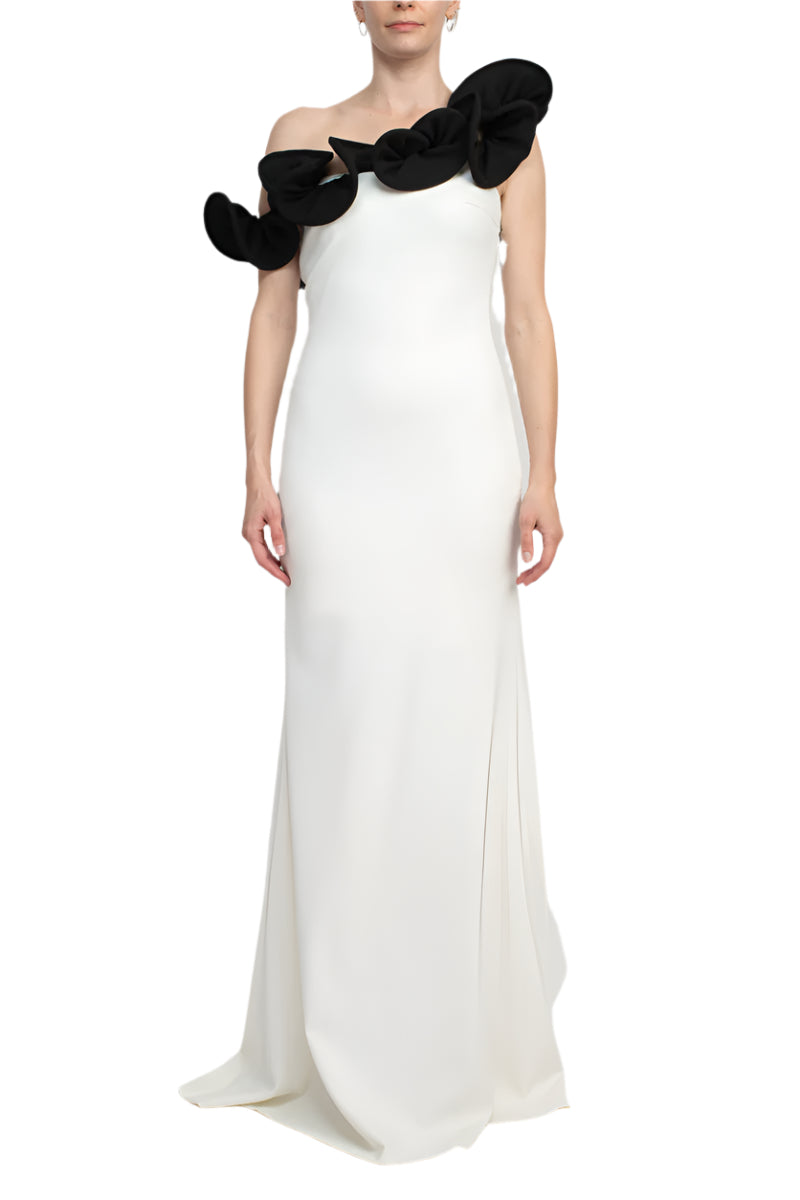 Alberto Makali One Shoulder Sleeveless Floral Shoulder Solid Scuba Gown - WHITE BLACK - front