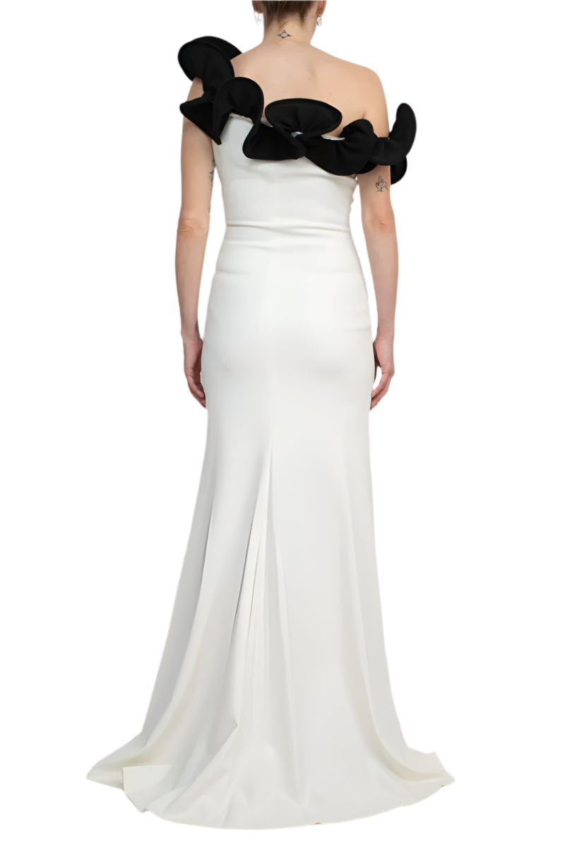 Alberto Makali One Shoulder Sleeveless Floral Shoulder Solid Scuba Gown - WHITE BLACK - back