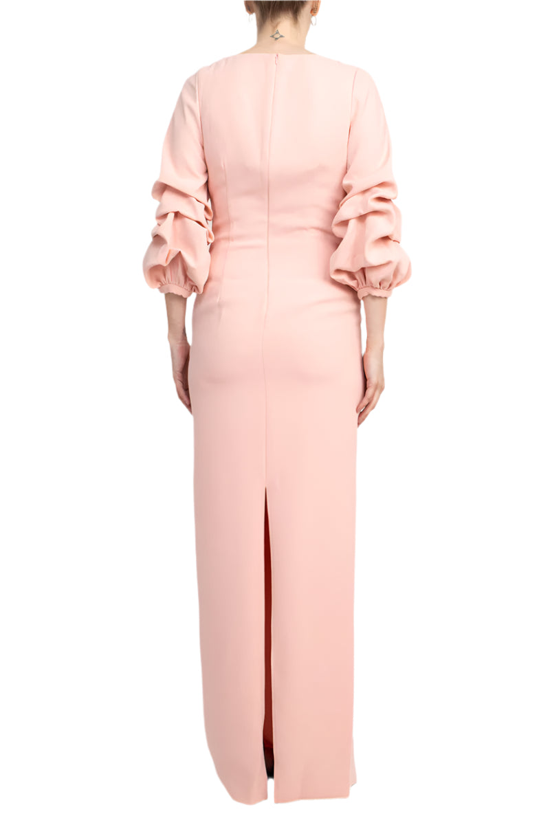 Alberto Makali Crew Neck Gathered 3/4 Sleeve Column Zipper Back Slit Back Scuba Dress - BLUSH - back