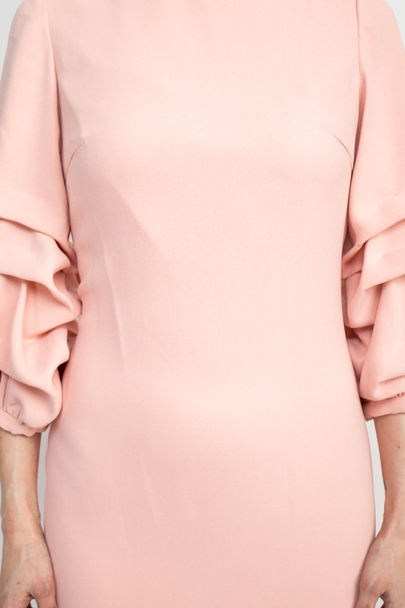 Alberto Makali Crew Neck Gathered 3/4 Sleeve Column Zipper Back Slit Back Scuba Dress - BLUSH - fabric
