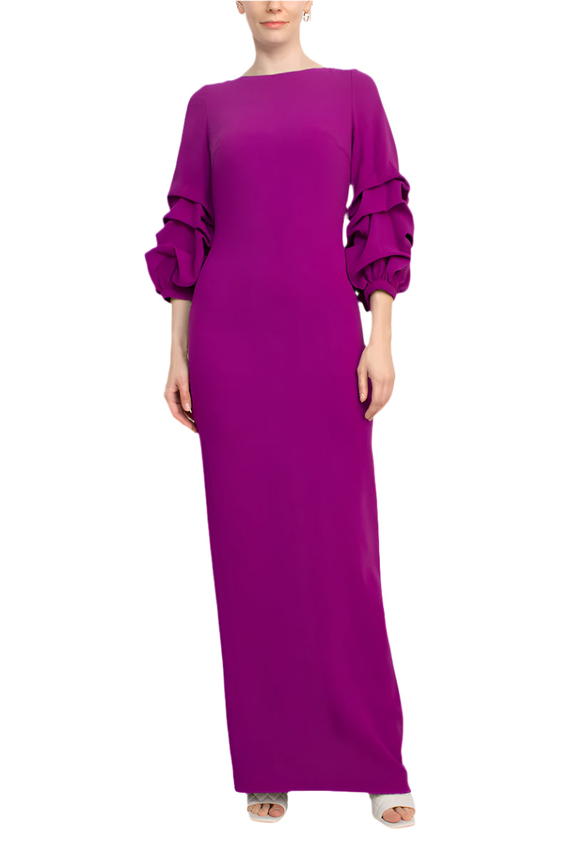 Alberto Makali Crew Neck Gathered 3/4 Sleeve Column Zipper Back Slit Back Scuba Dress - MAGENTA - front