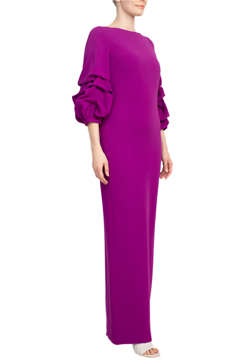 Alberto Makali Crew Neck Gathered 3/4 Sleeve Column Zipper Back Slit Back Scuba Dress - MAGENTA - side