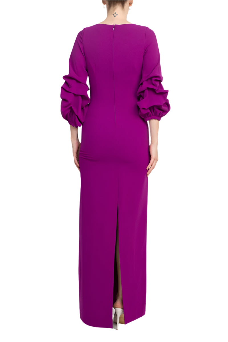 Alberto Makali Crew Neck Gathered 3/4 Sleeve Column Zipper Back Slit Back Scuba Dress - MAGENTA - back