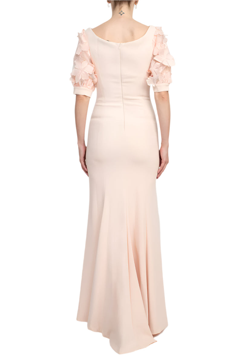 Alberto Makali V-Neck Short Embellished Lace Sleeve Zipper Back Bodycon Slit Side Scuba Dress - ROSE - back